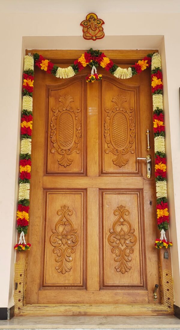 Toran For Door Frame - Artificial Garland - Gaja Maala - Jasmine Buds Chakram and Red and Yellow Flower Style [Handmade]